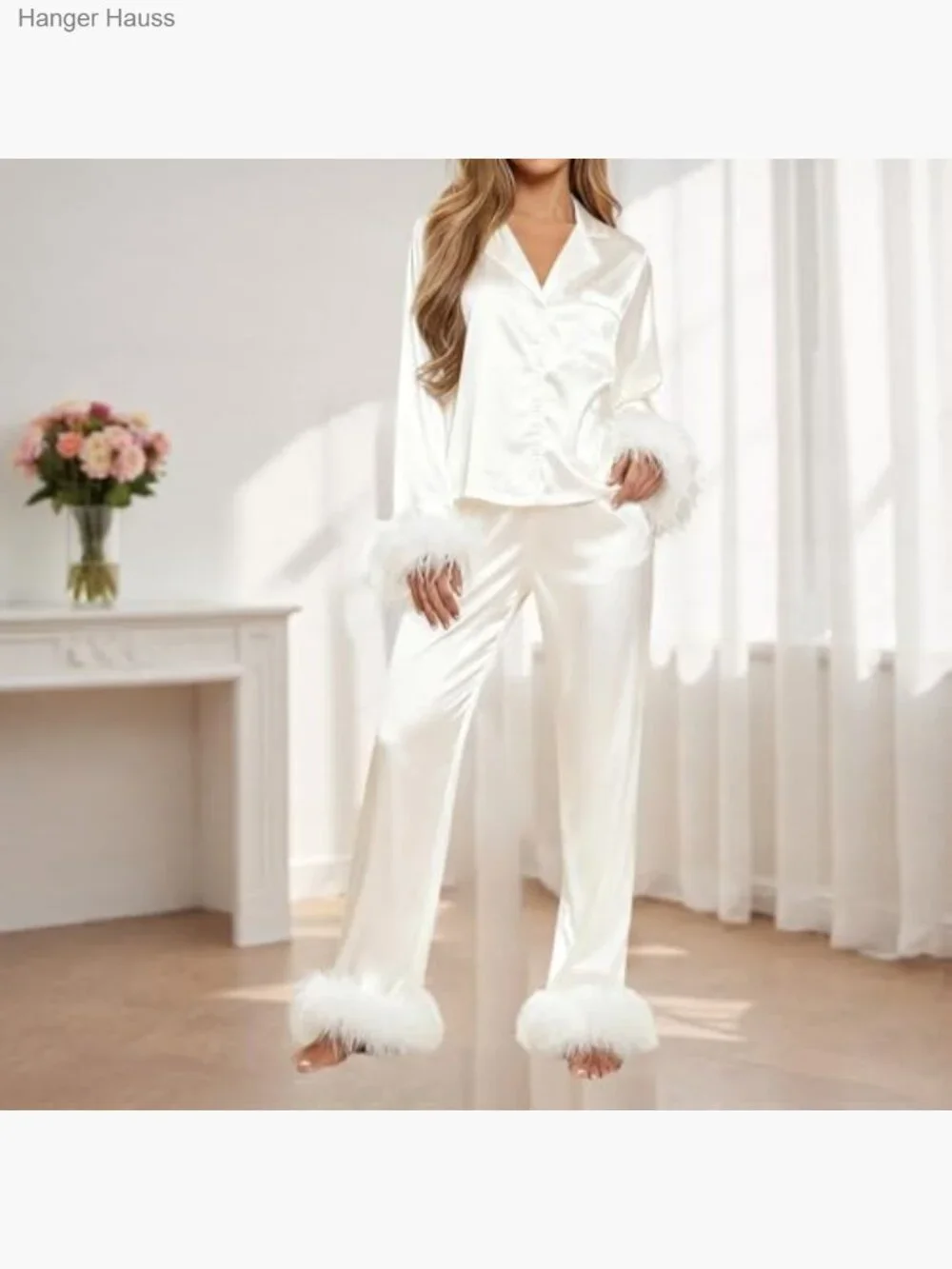 Feather Satin Pajama Set, Long Sleeve Button Down Lounge Set